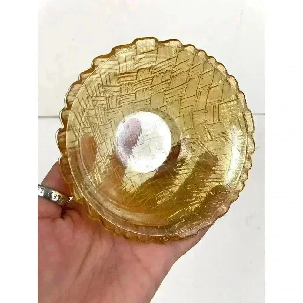VTG Indiana Amber Carnival Glass Bowl Basket Weave Pattern‎ 2.5